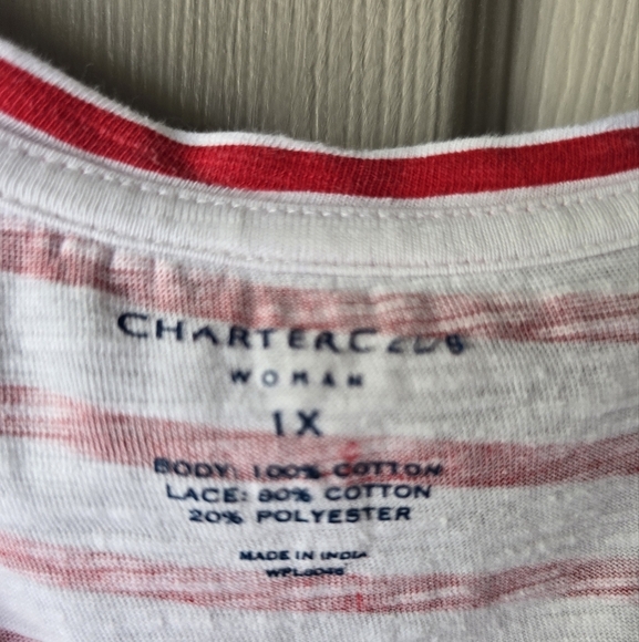 Charter Club Crochet-Hem Tunic Top 1X Women Red White Slit 100% Cotton Light - Picture 4 of 10